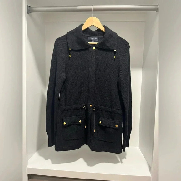 Jones New York Signature black wool blend sweater coat cinch waist double zip M - Picture 1 of 8